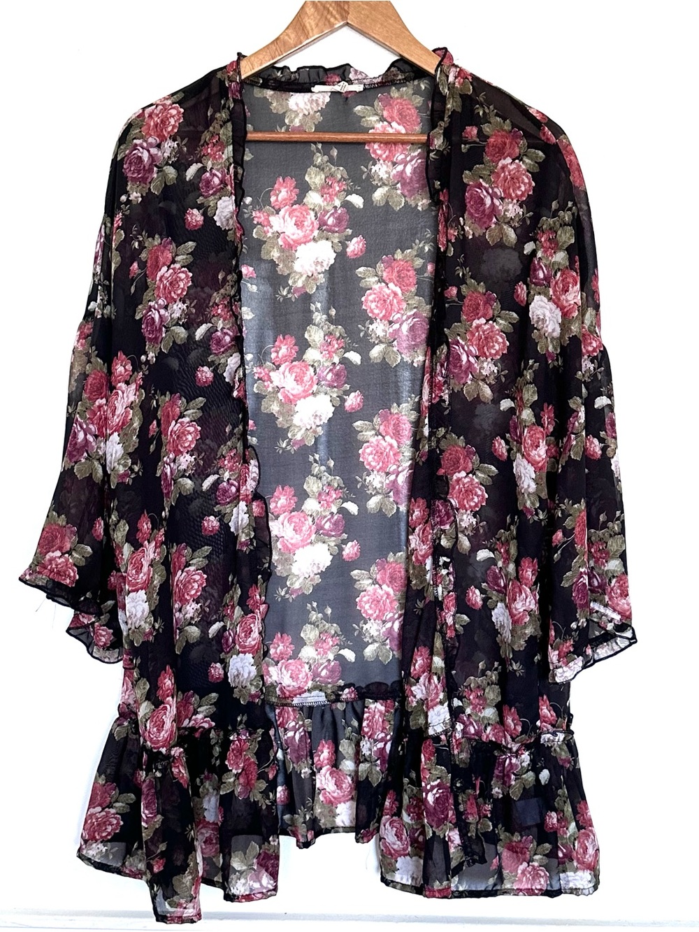 Easel Cardigan Women’s Large Floral Sheer Open Front 3/4 Sleeve Lightweight